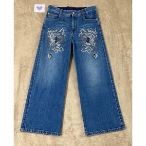 Stella McCartney Embellished Bejwelled Wide Leg Jeans Blue Denim Size 25(28) EUC